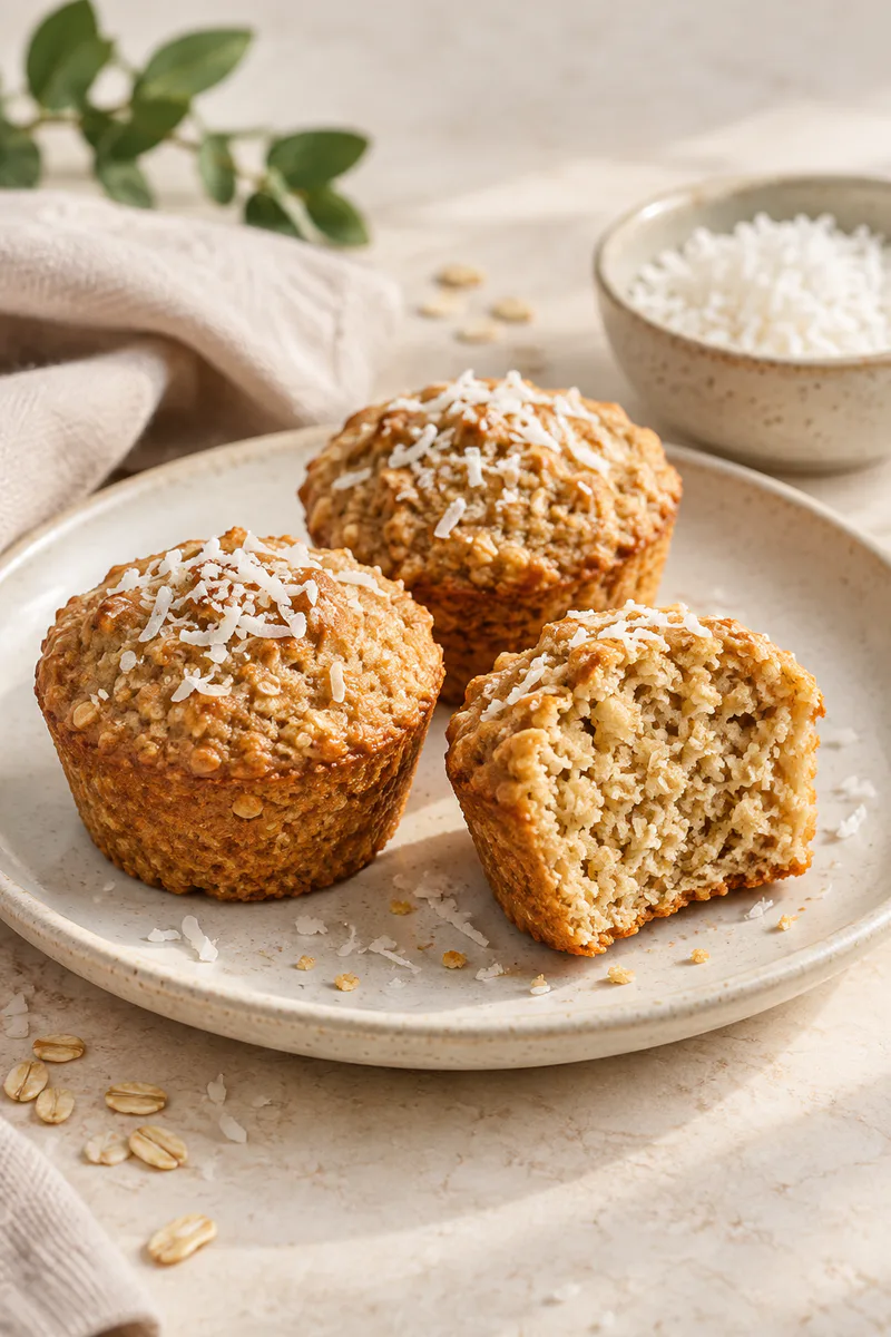 Bolinhos de coco e maca peruana em prato de cerâmica, com coco ralado e um bolinho aberto.