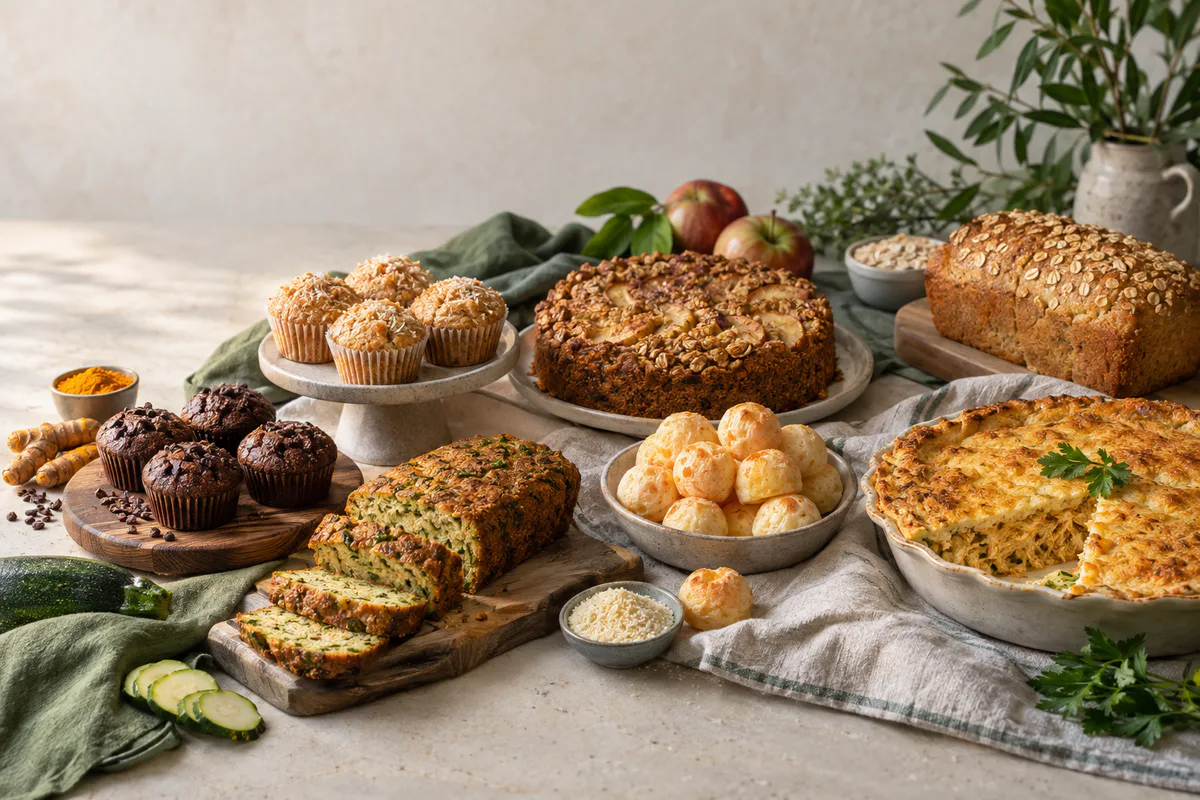 Mesa clara com a seleção das sete receitas: bolinhos, bolo de maçã, pães e torta de frango.