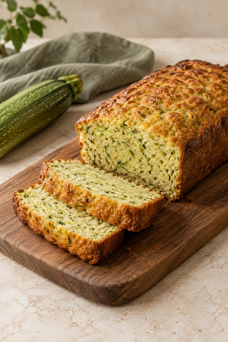 Pão de forma de abobrinha fatiado sobre tábua de madeira, com miolo verde e dourado.