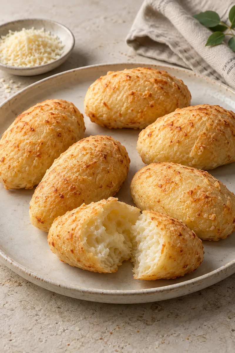 Pãezinhos ovais de tapioca levemente dourados, com um deles aberto mostrando o interior macio.